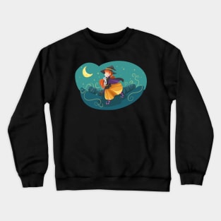 Cute Witch Running with Bored Cat in Arms Crewneck Sweatshirt